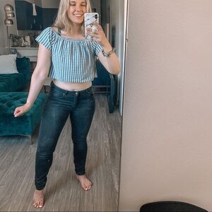 Zara Trafaluc Blue Gingham Cropped Peasant Off Shoulder Top Flouncy Size S